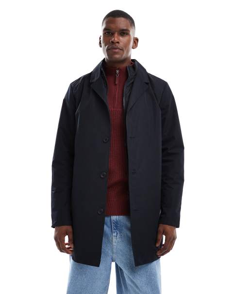 Brave Soul short collared trench jacket in navy - view 1