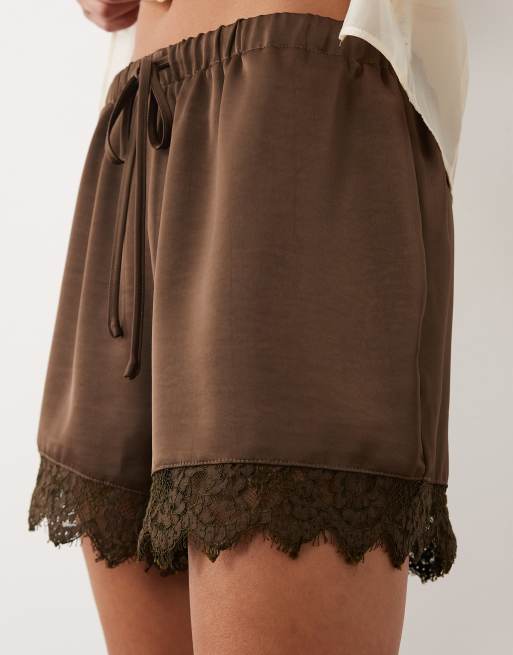 Brave Soul - Short en satin avec cordon de serrage à la taille et bordure en dentelle - Marron chocolat, 2 de 5
