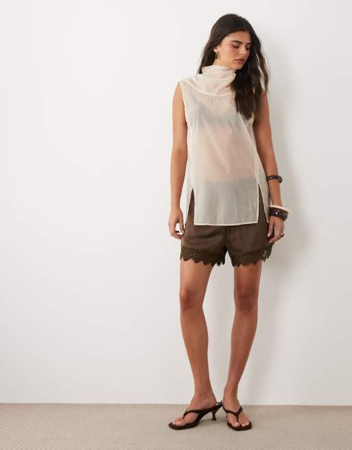 Brave Soul - Short en satin avec cordon de serrage à la taille et bordure en dentelle - Marron chocolat, 3 de 5