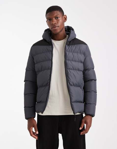 Brave Soul short hooded puffer jacket with panel detail in grey - view 1
