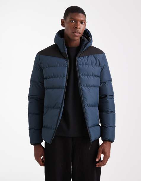 Brave Soul short hooded puffer jacket with panel detail in navy - view 1