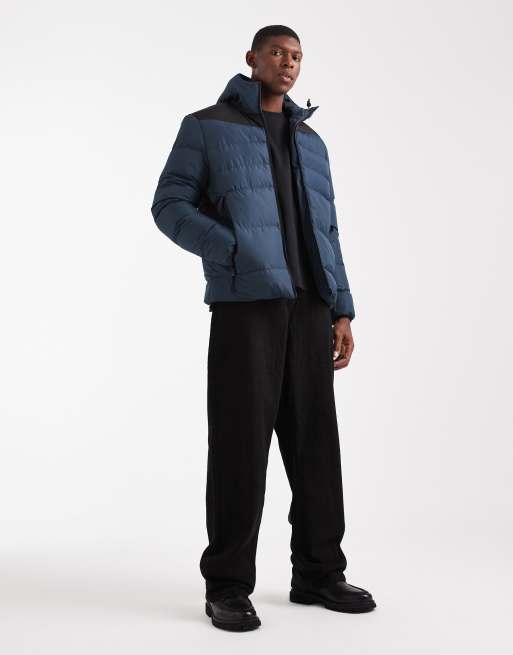 Brave Soul short hooded puffer jacket with panel detail in navy ASOS