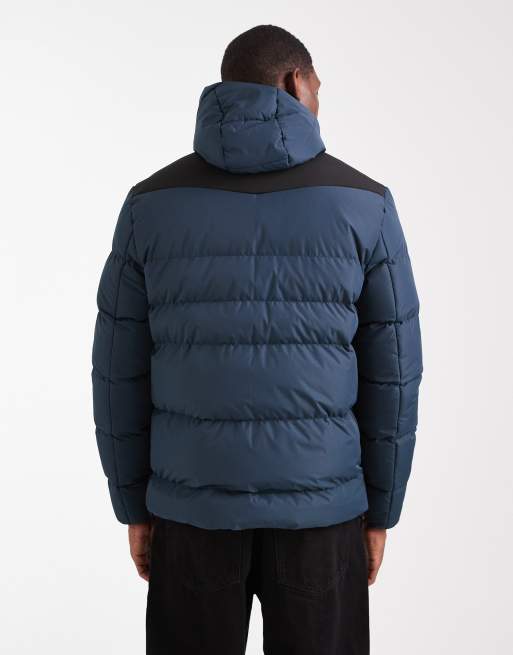 Brave Soul short hooded puffer jacket with panel detail in navy, 3 of 5