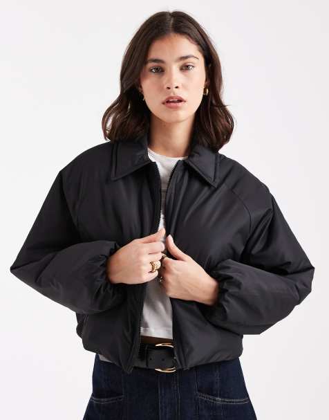 Brave Soul short padded bomber jacket with collar in black - view 1