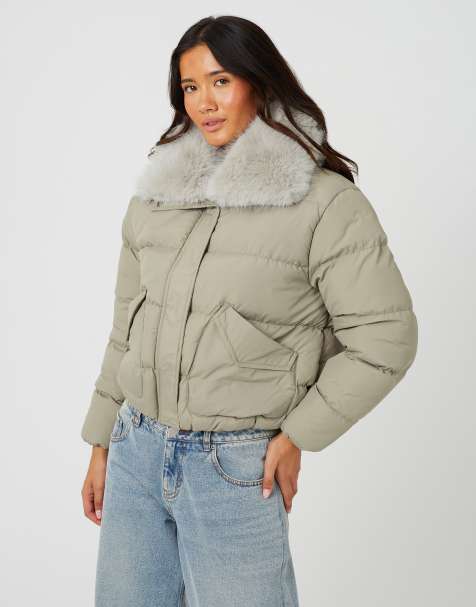 Brave Soul Short padded jacket with detachable collar in pale green - view 1