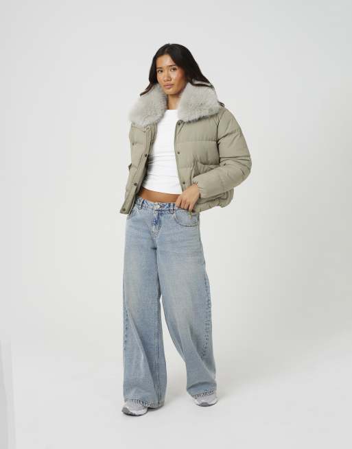 Brave Soul Short padded jacket with detachable collar in pale green, 3 of 4