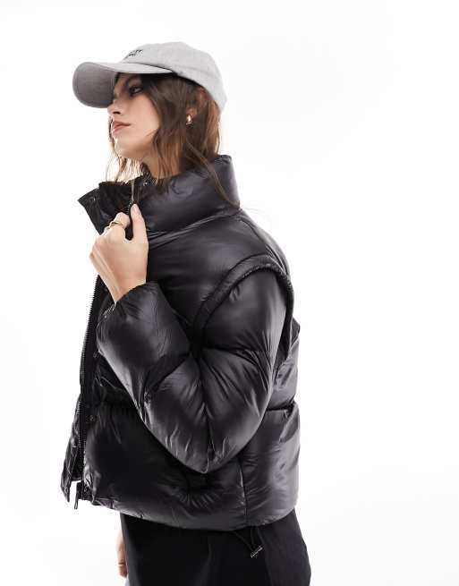 Brave Soul tropic faux leather puffer jacket in black