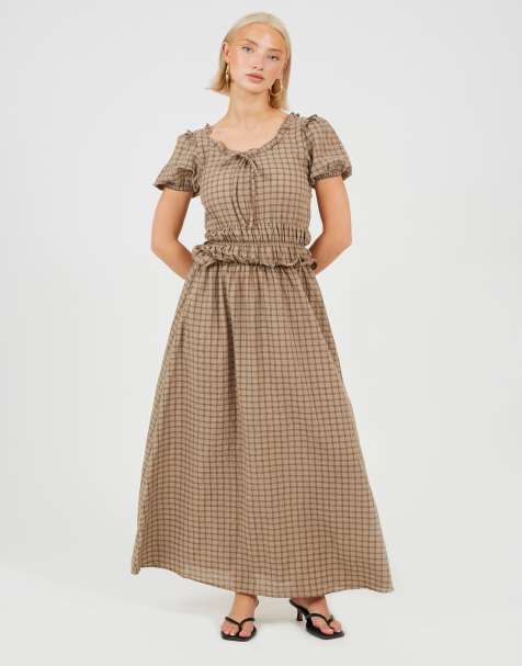 Brave Soul Short puff sleeve check maxi dress with waist frill detail in brown - view 1