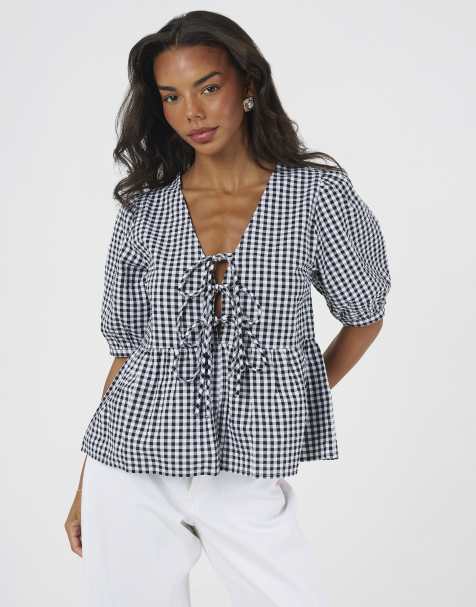 Brave Soul Short puff sleeve gingham tie front blouse in black - view 1