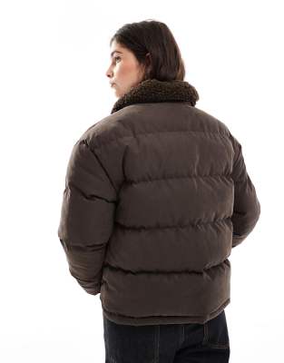 Brave Soul Short Puffer Jacket With Faux Shearling Collar In Brown