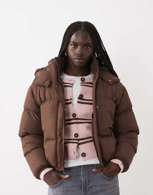 Brave Soul short puffer jacket with hood in chocolate brown, 2 of 4