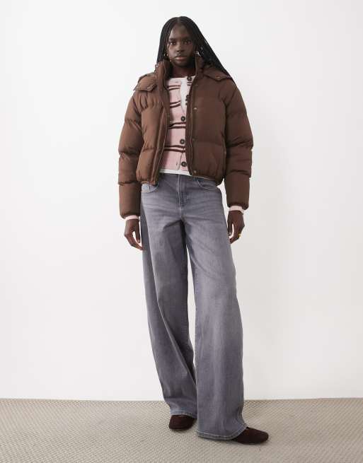 Brave Soul short puffer jacket with hood in chocolate brown, 3 of 4