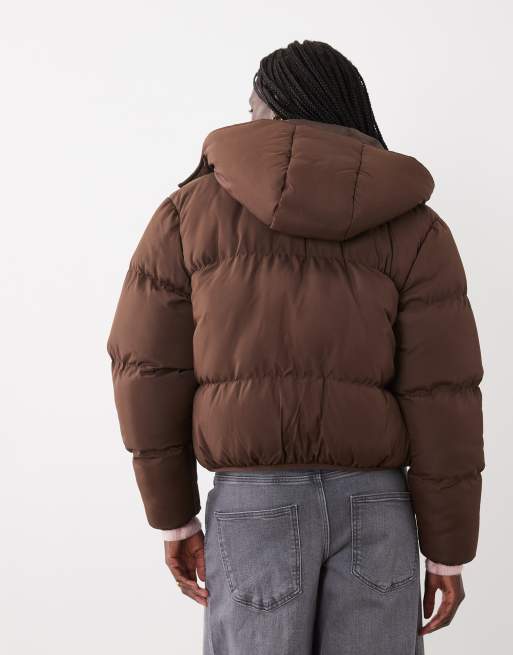 Brave Soul short puffer jacket with hood in chocolate brown, 4 of 4