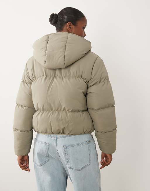 Brave Soul short puffer jacket with hood in sage green, 3 of 4