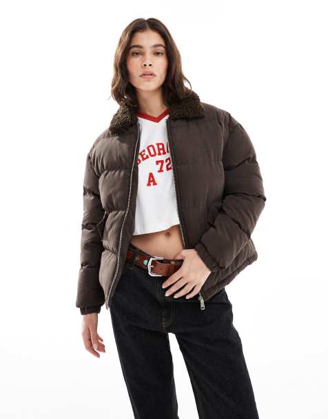 Brave Soul short puffer jacket with shearling collar in brown - view 1