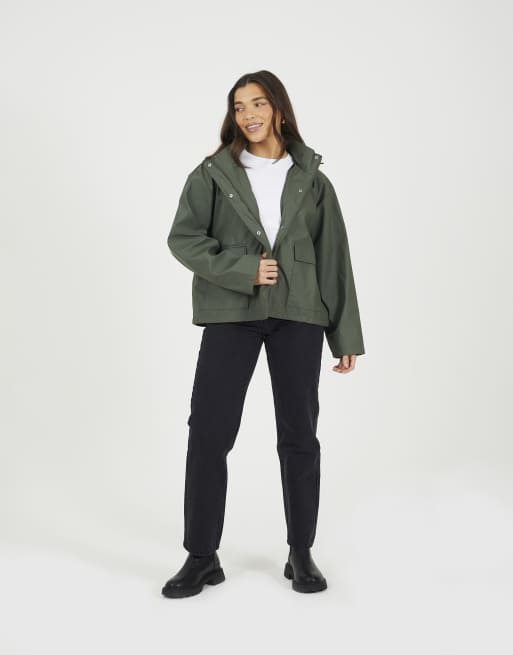 Brave Soul Short rubberised hooded rain mac in khaki, 3 of 4