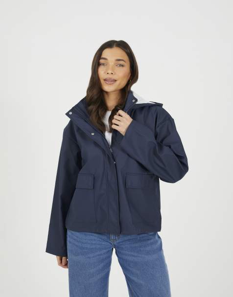 Brave Soul Short rubberised hooded rain mac in navy - view 1