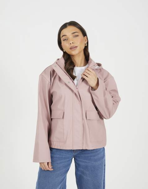 Brave Soul Short rubberised hooded rain mac in pink - view 1