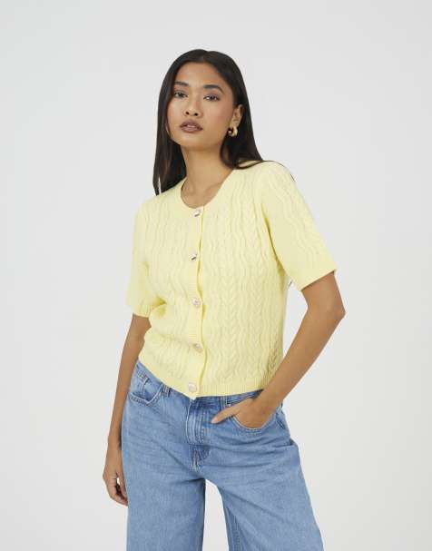 Brave Soul Short sleeve cable knit cardigan with shell buttons in yellow - view 1