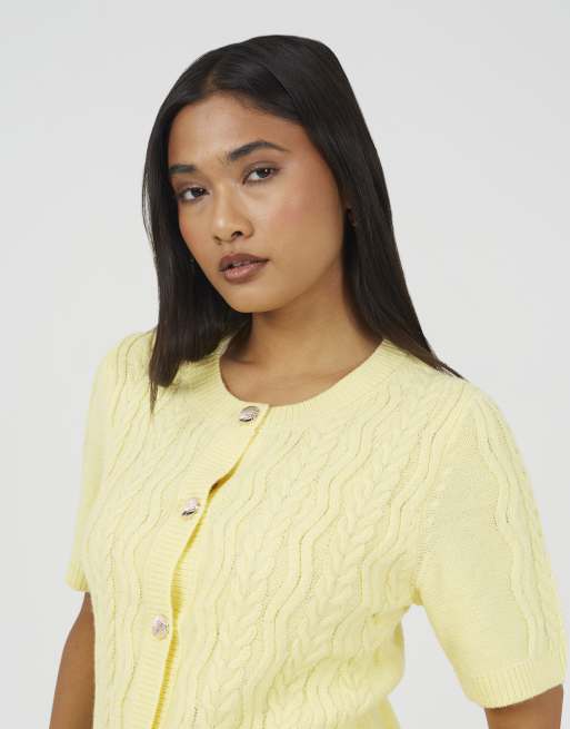 Brave Soul Short sleeve cable knit cardigan with shell buttons in yellow, 3 of 4