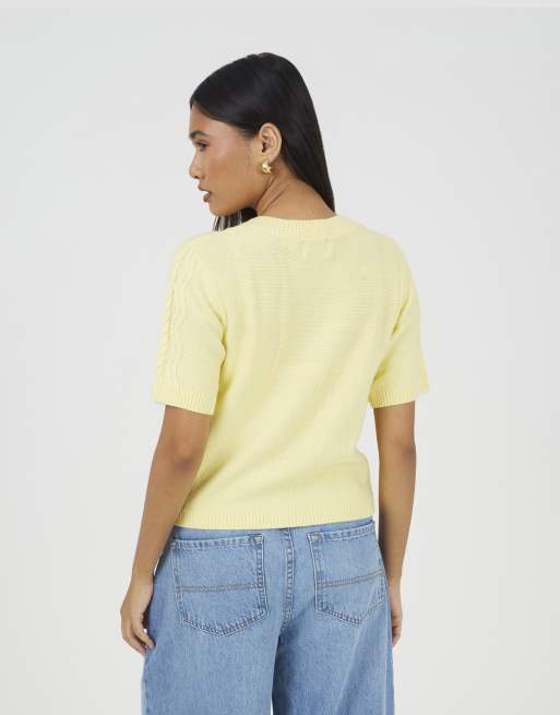Brave Soul Short sleeve cable knit cardigan with shell buttons in yellow, 4 of 4