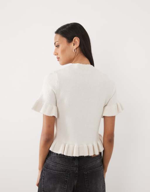 Brave Soul short sleeve cardigan wiith frill hem in oat, 3 of 4
