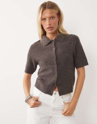 Brave Soul Short Sleeve Cardigan With Collar In Brown