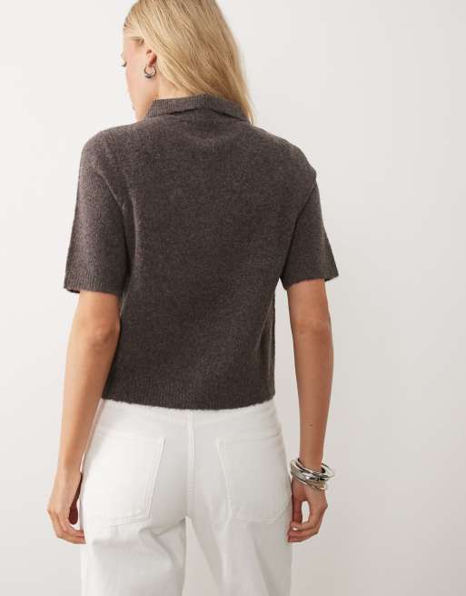 Brave Soul short sleeve cardigan with collar in brown, 4 of 4