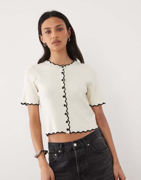 Brave Soul short sleeve cardigan with contrast scallop trims in cream