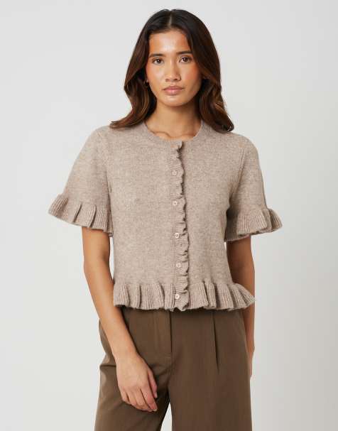 Brave Soul Short sleeve cardigan with frill hem in beige - view 1
