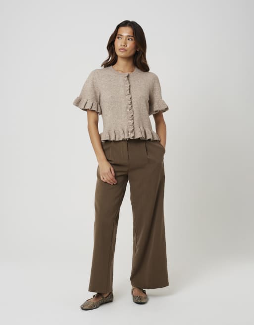 Brave Soul Short sleeve cardigan with frill hem in beige, 2 of 4