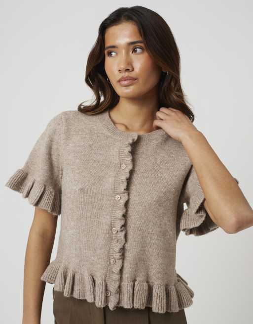 Brave Soul Short sleeve cardigan with frill hem in beige, 3 of 4