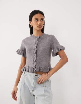 Brave Soul Short Sleeve Cardigan With Frill Hem In Multi
