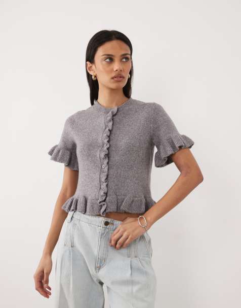 Brave Soul short sleeve cardigan with frill hem in gray - view 1