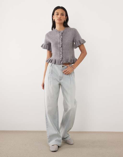 Brave Soul short sleeve cardigan with frill hem in grey, 2 of 4