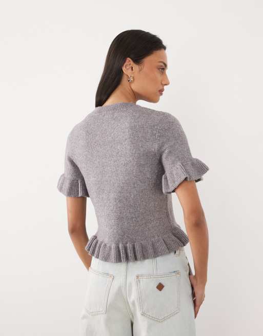 Brave Soul short sleeve cardigan with frill hem in grey, 3 of 4