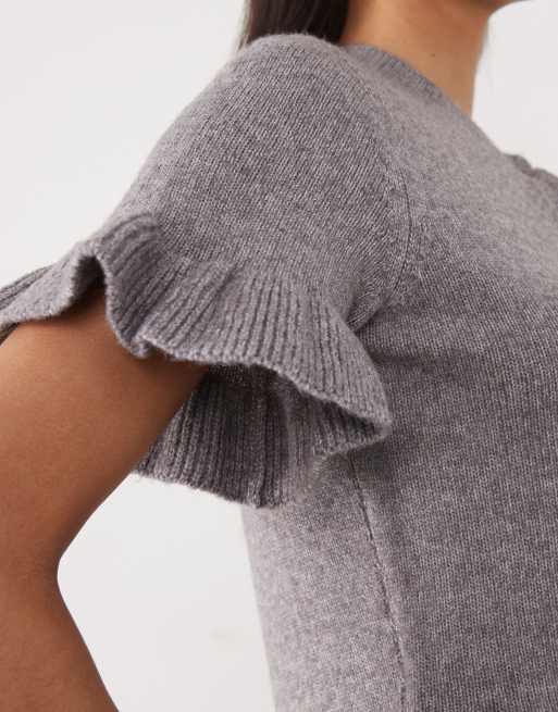 Brave Soul short sleeve cardigan with frill hem in grey, 4 of 4