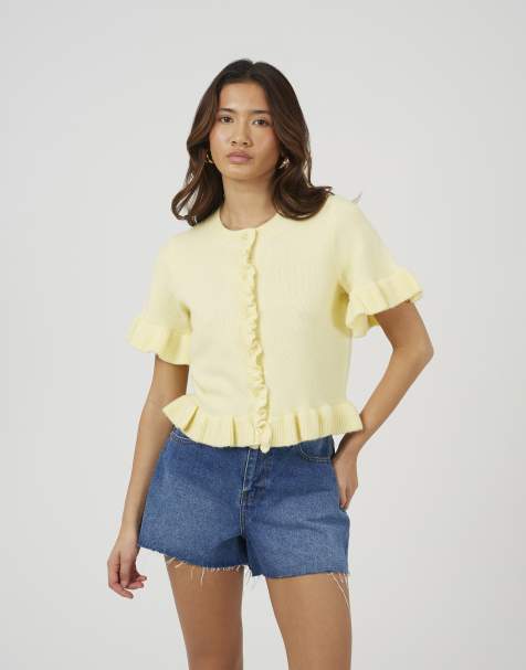 Brave Soul Short sleeve cardigan with frill hem in yellow - view 1