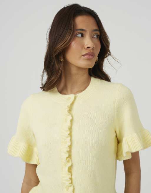 Brave Soul Short sleeve cardigan with frill hem in yellow, 3 of 4