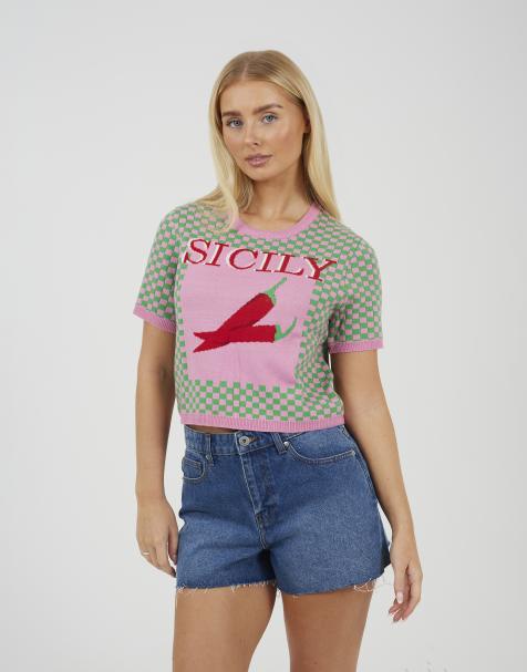 Brave Soul Short sleeve checked jaquard jumper in green - view 1