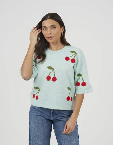 Brave Soul Short sleeve cherry jacquard knit jumper in mint