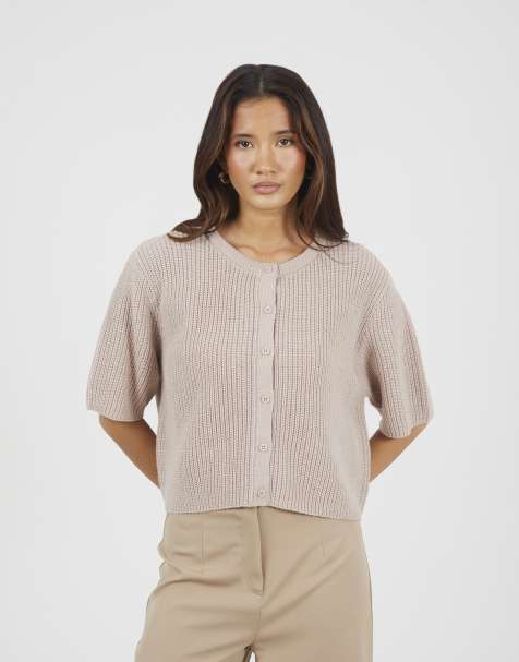 Brave Soul Short sleeve crew neck fisherman knit cardigan in beige - view 1