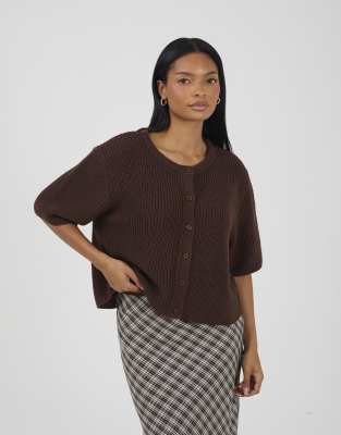 Brave Soul Short sleeve crew neck fisherman knit cardigan in brown