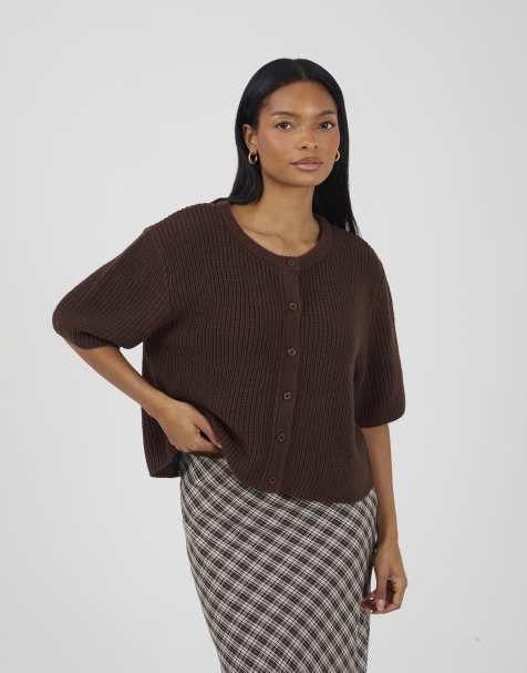 Brave Soul Short sleeve crew neck fisherman knit cardigan in brown