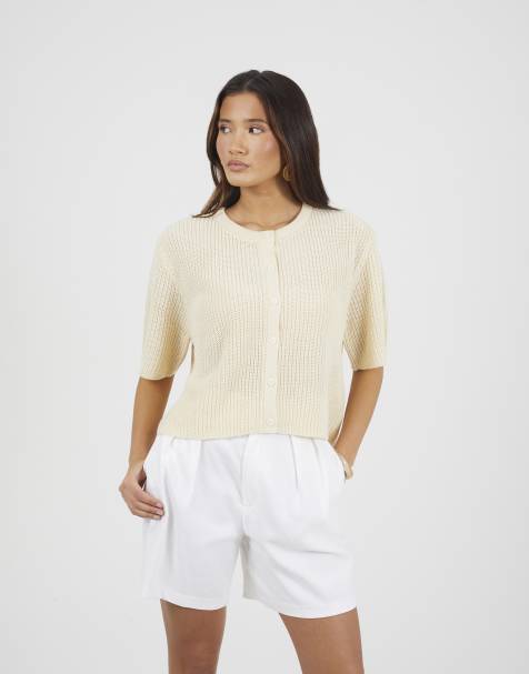 Brave Soul Short sleeve crew neck fisherman knit cardigan in ecru