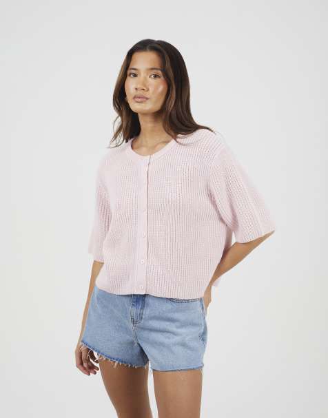 Brave Soul Short sleeve crew neck fisherman knit cardigan in pink - view 1