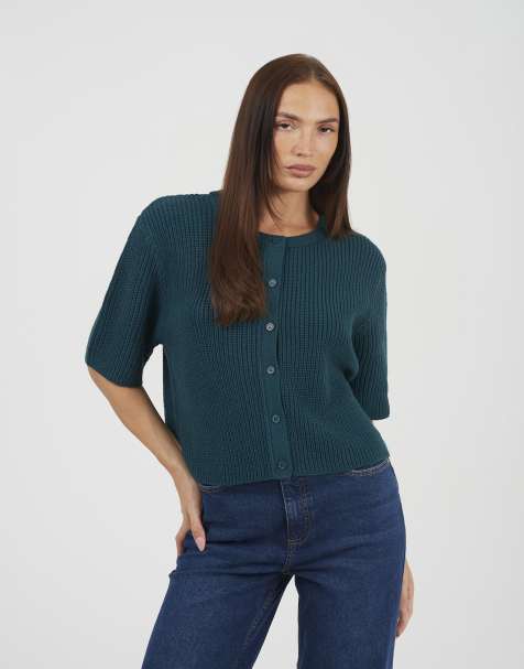 Brave Soul Short sleeve crew neck fisherman knit cardigan in teal - view 1