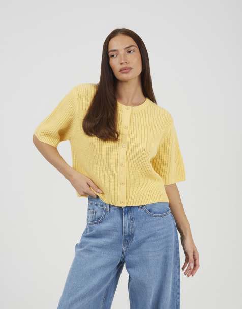 Brave Soul Short sleeve crew neck fisherman knit cardigan in yellow