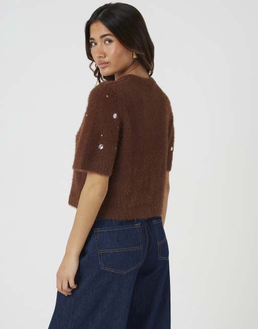 Brave Soul Short sleeve embellished fluffy knit cardigan in chocolate, 2 of 4
