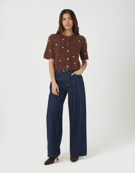 Brave Soul Short sleeve embellished fluffy knit cardigan in chocolate, 3 of 4